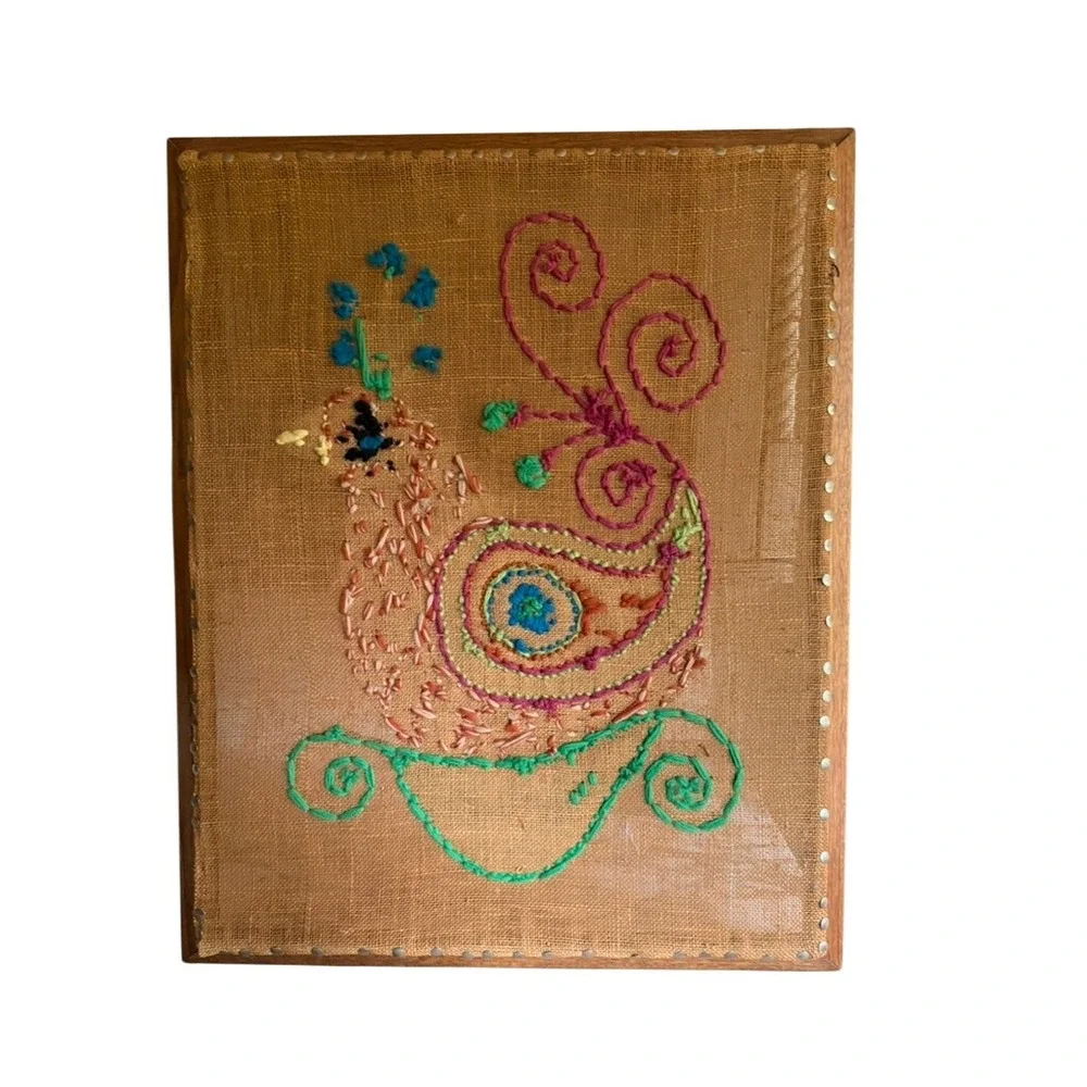 Handmade Rustic Embroidery Brown Bird Folk Art Framed Burlap Mid Century Modern